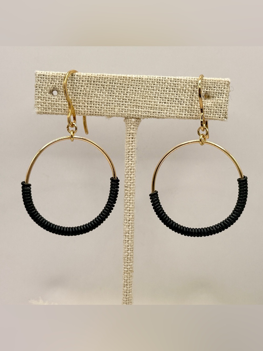 Gold Tone Hoop Earrings with Black Wrap Accent - Women Jewelry